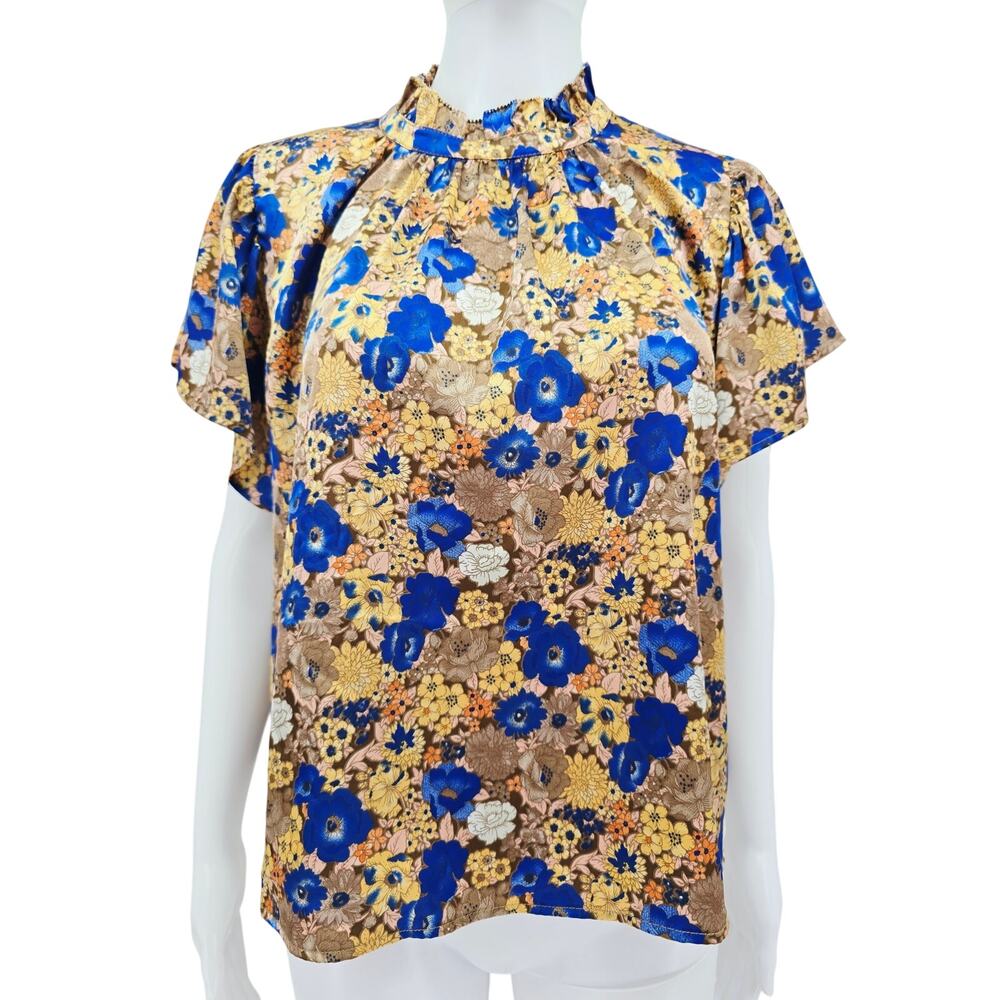 THML Floral Silky Ruffle Neck Blouse Top S